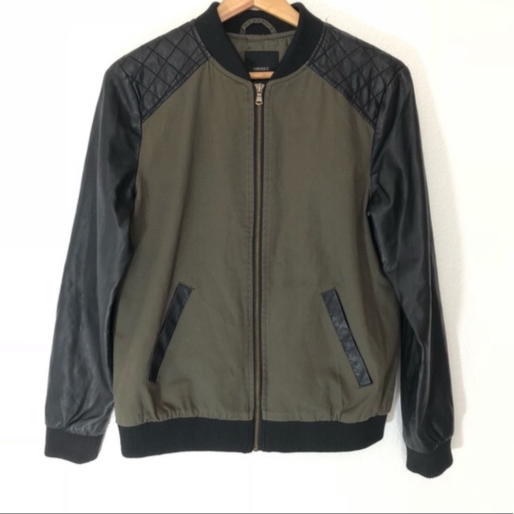 Forever21 Faux Army Green Leather Bomber Jacket